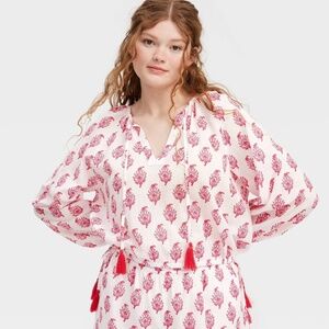 ROBERT ROLLER RABBIT X TARGET Women's Long Sleeve Tie-Neck Boho Top Pink, Small